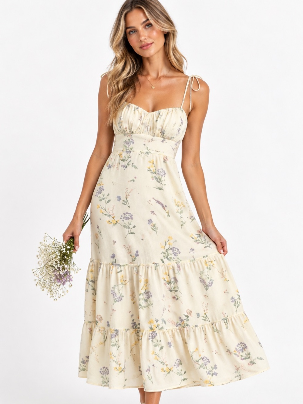 Showpo Cream Floral Tie Strap Tiered Midi Sundress Cottagecore